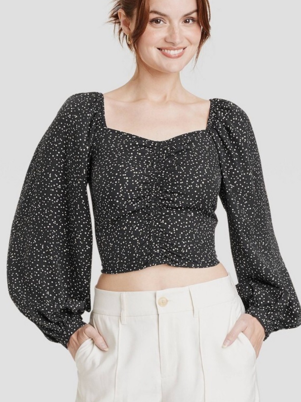 A New Day Ruched Cropped Polka Dot Top